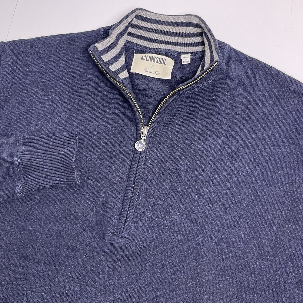 Linksoul Men's Small Navy Blue Cotton Cashmere Quarter Zip 1/4 Sweater Mock Neck